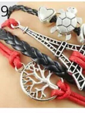 Turtle Charm Bracelet Leather Red Black Eiffel Tower Tree of Life Lobster 8"